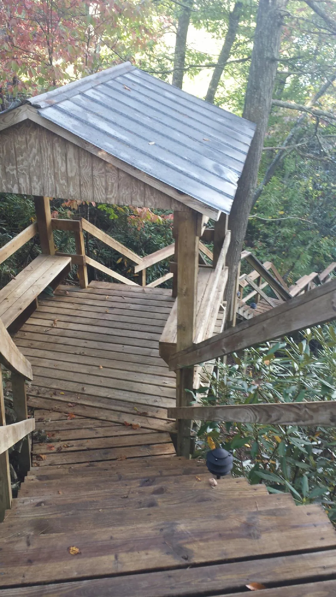 Metal roofed shelter over wooden steps on a wooded walkway — Skylight Repair & Installation work by our crew in Hartline